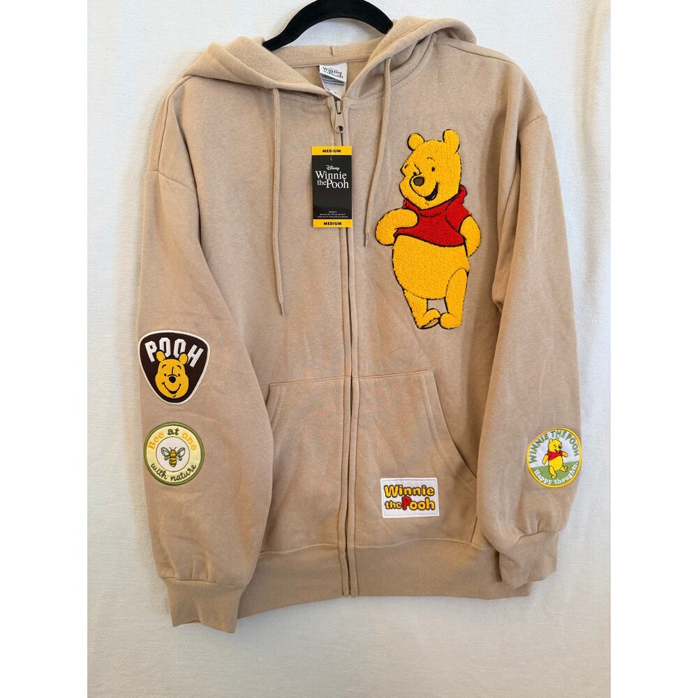 Disney Winnie the Pooh Zip Up Hoodie Chenille Patch Beige  Juniors Medium NWT